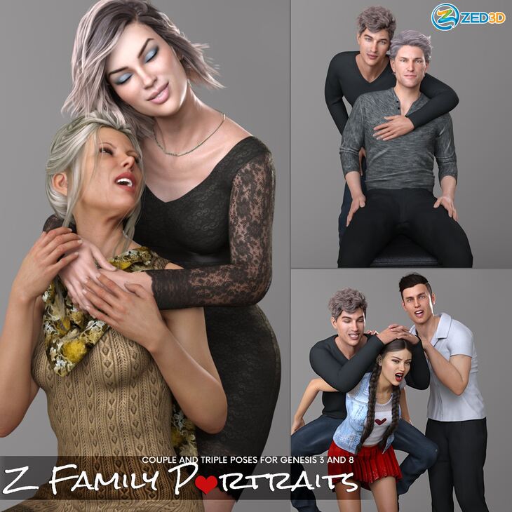 Z Family Portaits Couple and Triple Poses for Genesis 3 and 8 Male and Female 1726927789