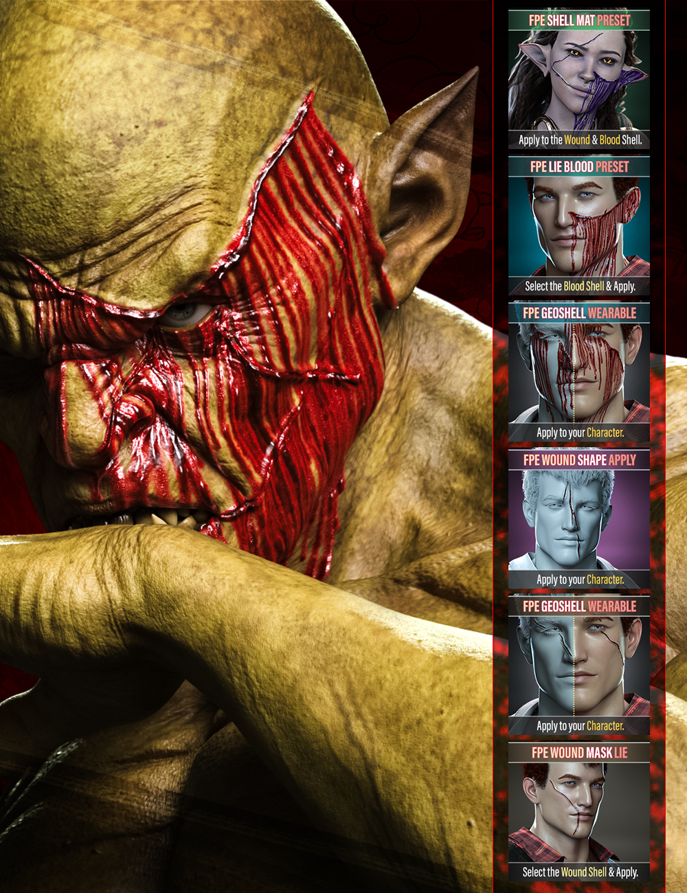 FPE HD Face Wounds Severe for Genesis 9 10 fpehdfacewoundssevereforgenesis900maindaz3d 1773996582